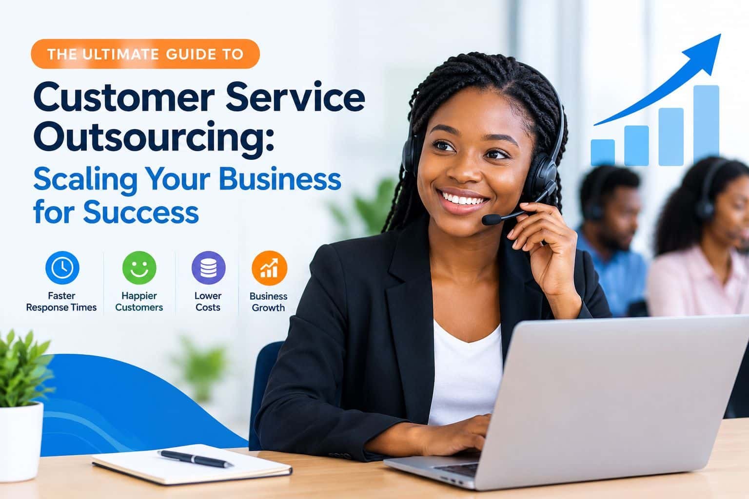 customer service persons, headset, desk and laptop